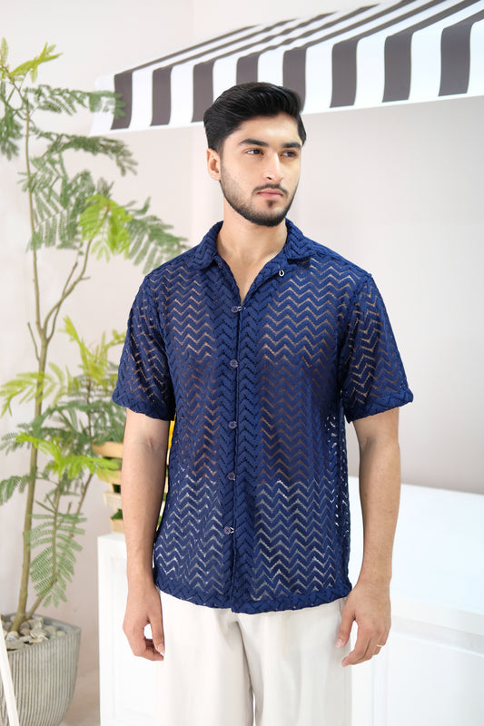 Wave | Navy Blue Mesh Knit Shirt