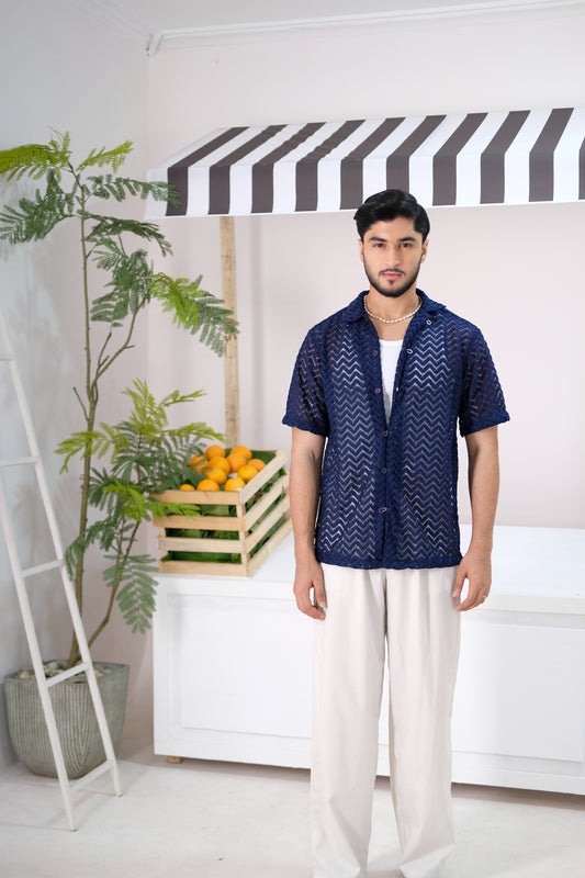 Wave | Navy Blue Mesh Knit Shirt