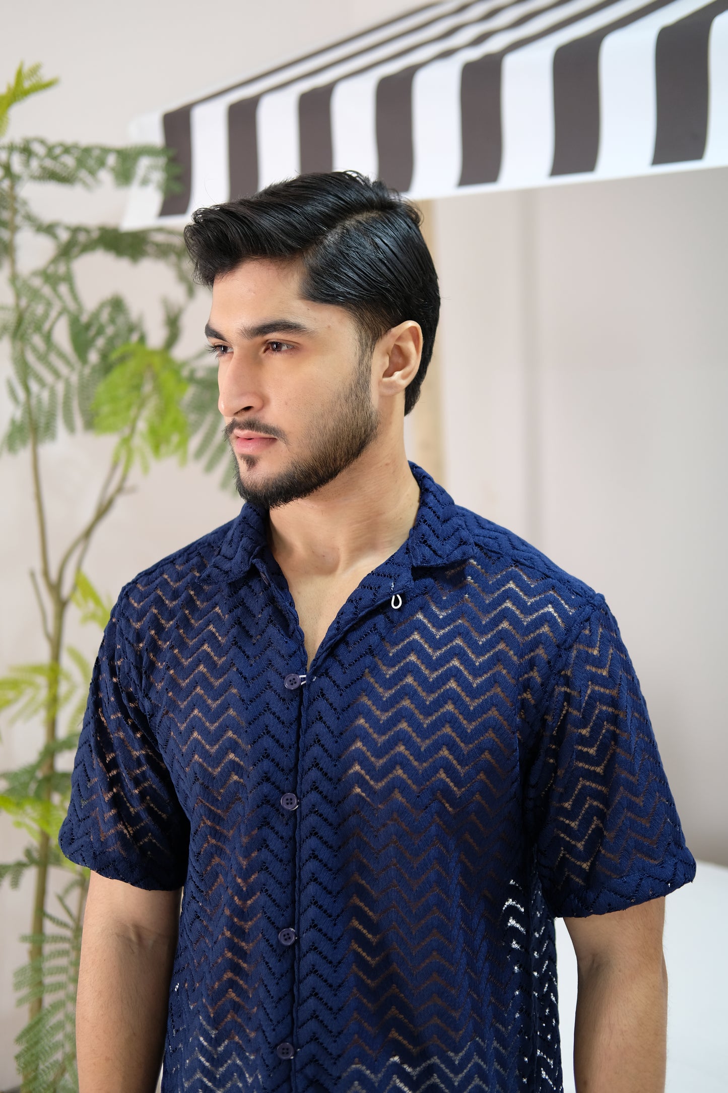 Wave | Navy Blue Mesh Knit Shirt